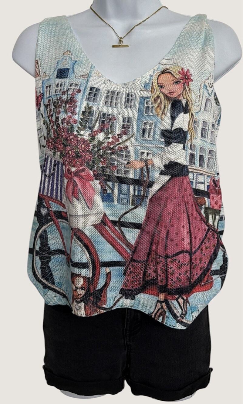 Unisono European boutique Graphic knit Tank Whimsical cityscape Graphic